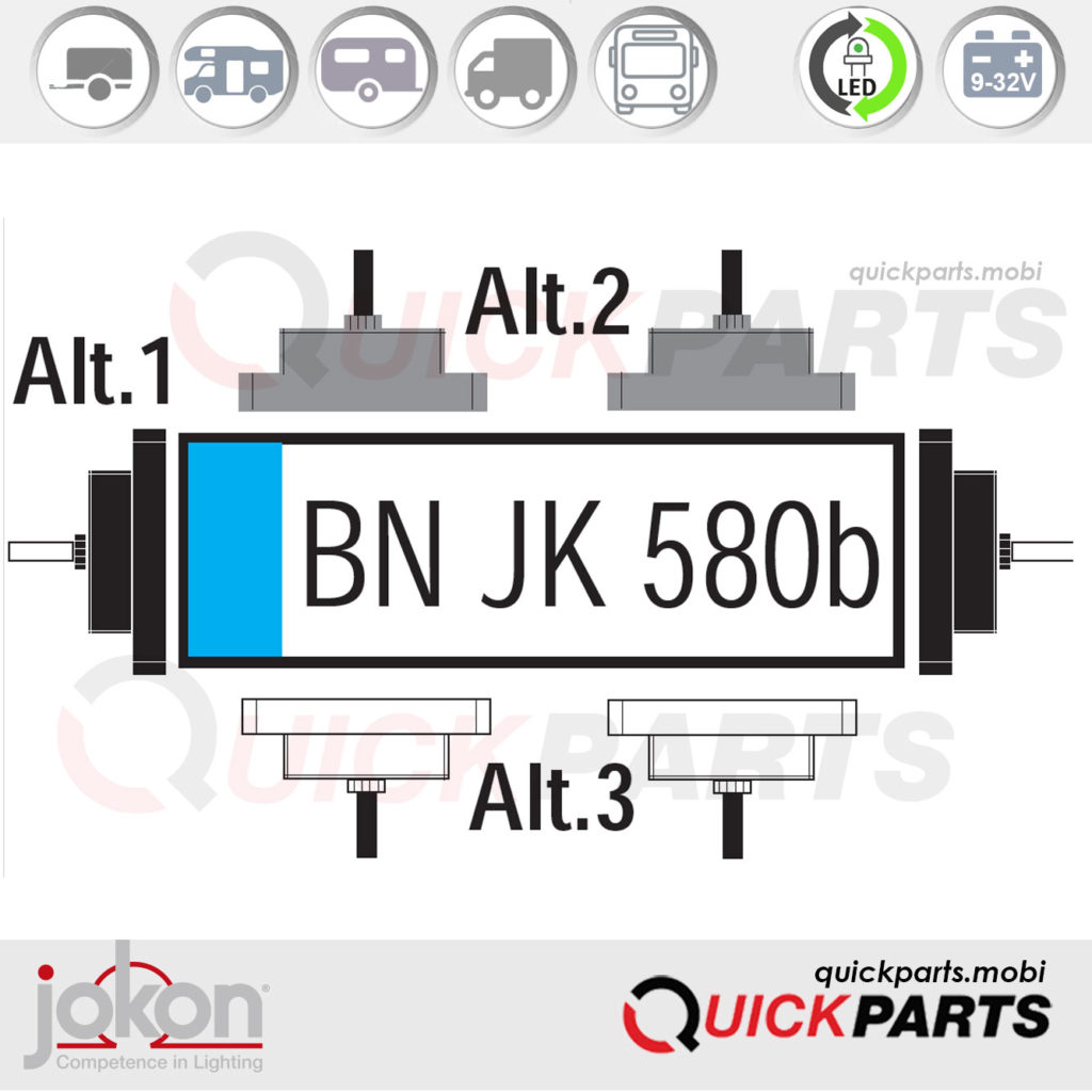 Illumination for 520 x 120 mm registration plate - horizontally or vertically with two lights in 3 alternative versions.