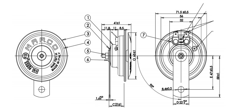 Electromagnetic horn | Ø 70 mm | Diagram, Marco 102 060 12, 70/1-H
