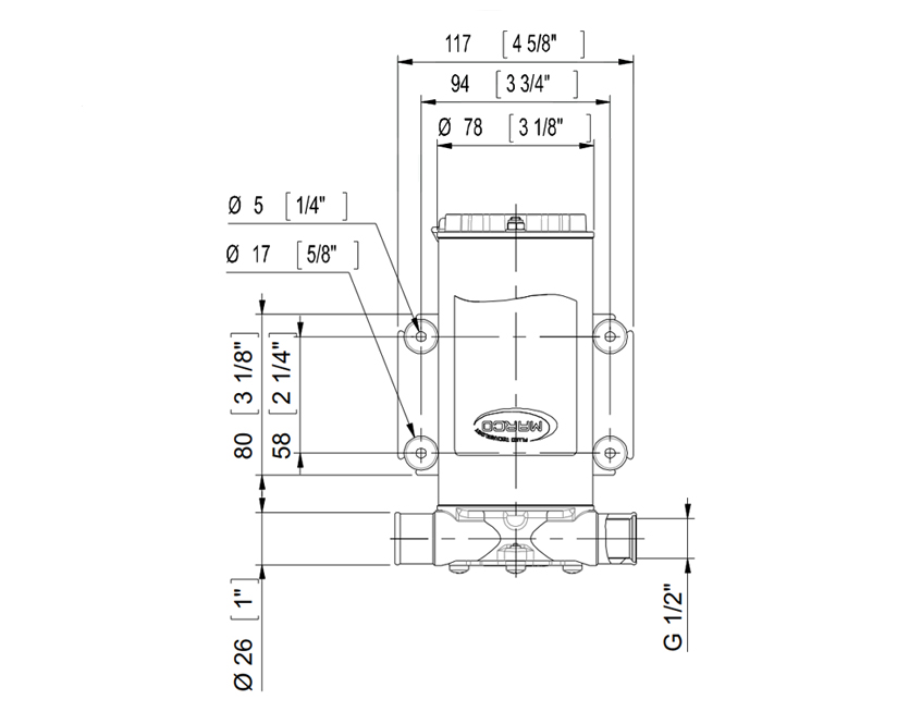 Pumpe mit Nitrilgummi Impeller für Frisch- und Salzwasser | 24V | Dimensionen, Marco UP1, Marco 162 002 13, UP1