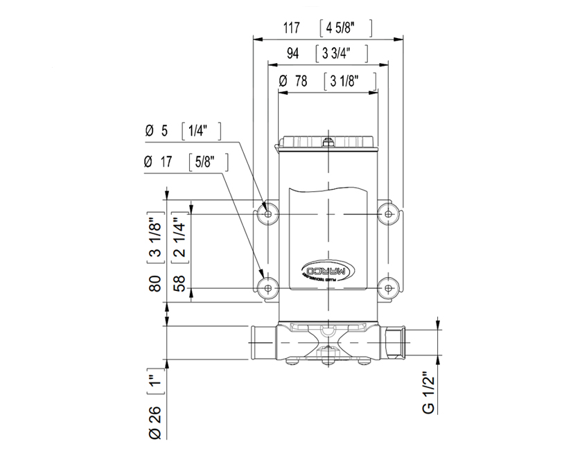 Self-Priming Electric Pump | Fresh water and Sea water | 12V | Marco UP1, Dimensions, Marco 162 002 12, UP1