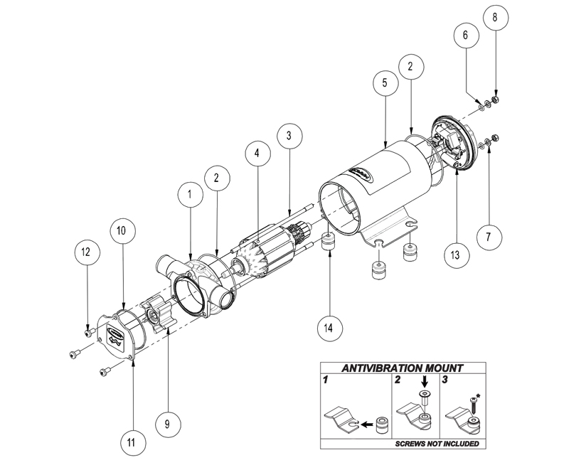 Bomba eléctrica autocebante | Agua dulce y agua de mar | 12V | Marco UP1, Diagrama de vista explosionada, Marco 162 002 12, UP1