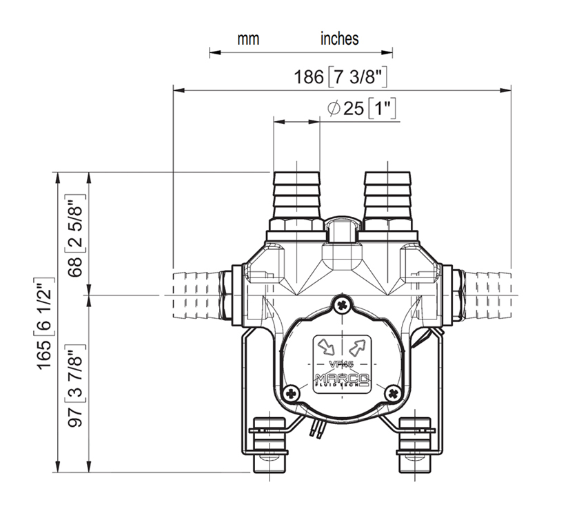 Self-Priming electric pump for various liquids | 12V | Marco VP45, Dimensions, Marco VP45, 166 020 12 