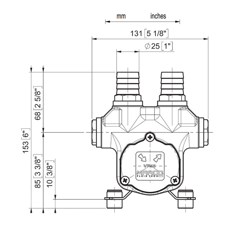 Self-Priming electric pump for various liquids | 12V | Marco VP45, Dimensions, Marco VP45, 166 020 12 