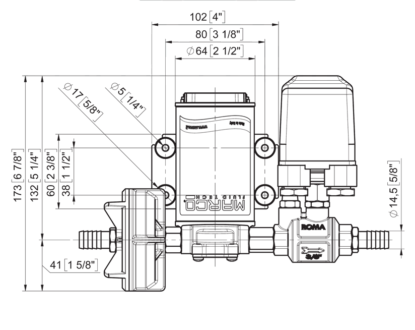 Automatische Druckwasserpumpe | 12V | Marco UP3/A, Dimensionen, Marco 164 600 12, UP3/A