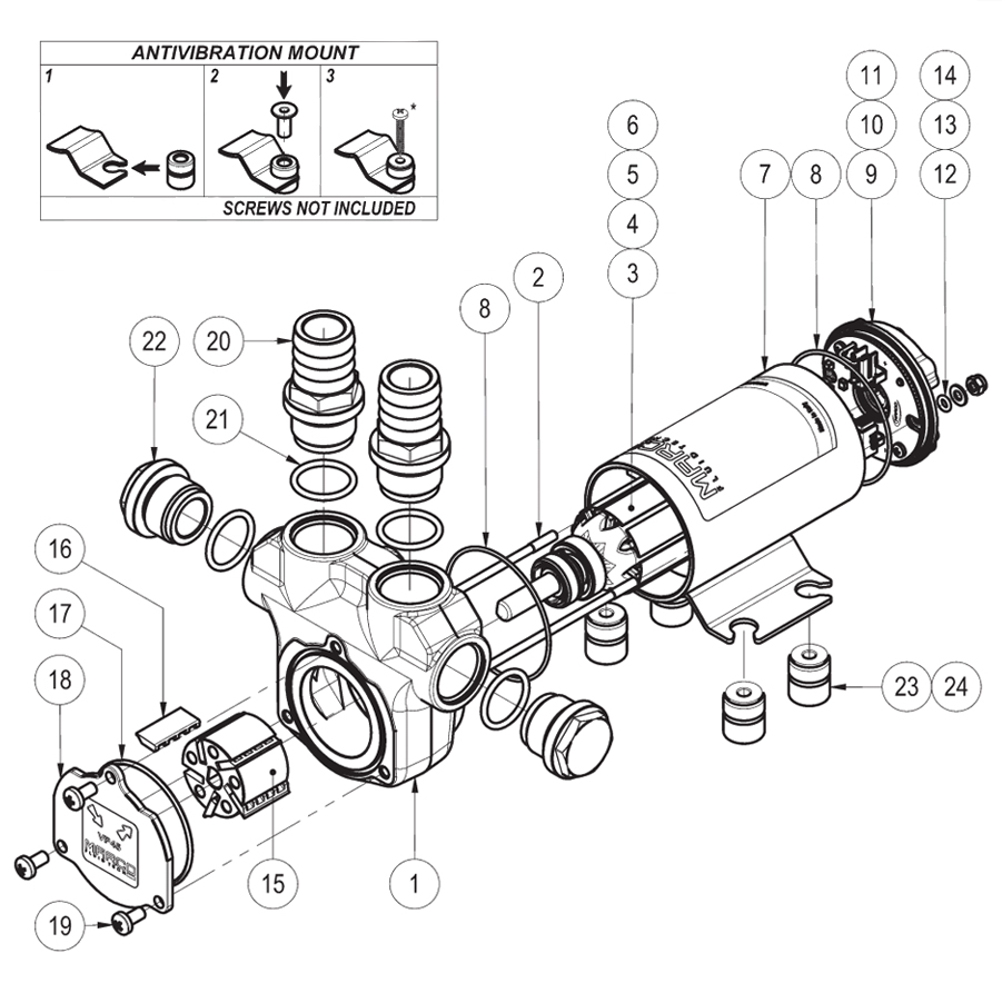 Self-Priming electric pump for various liquids | 12V | Marco VP45, Exploded View, Marco VP45, 166 020 12 