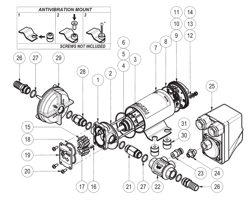 Automatische Druckwasserpumpe | 12V | Marco UP3/A, Explosionzeichnung-Diagramm, Marco 164 600 12, UP3/A