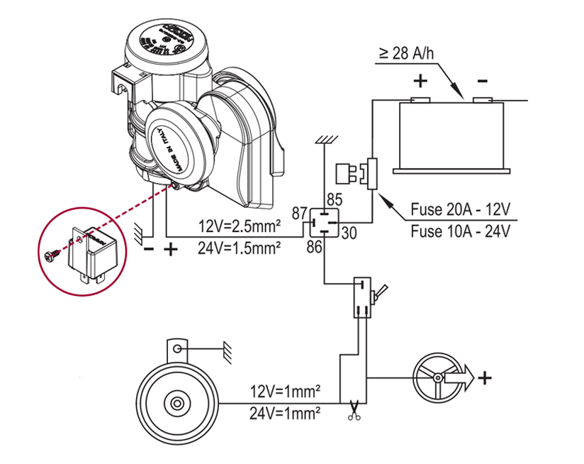 Kompakte zweiton Hupe + integriertem Kompressor | 12V | Schaltplan mit 