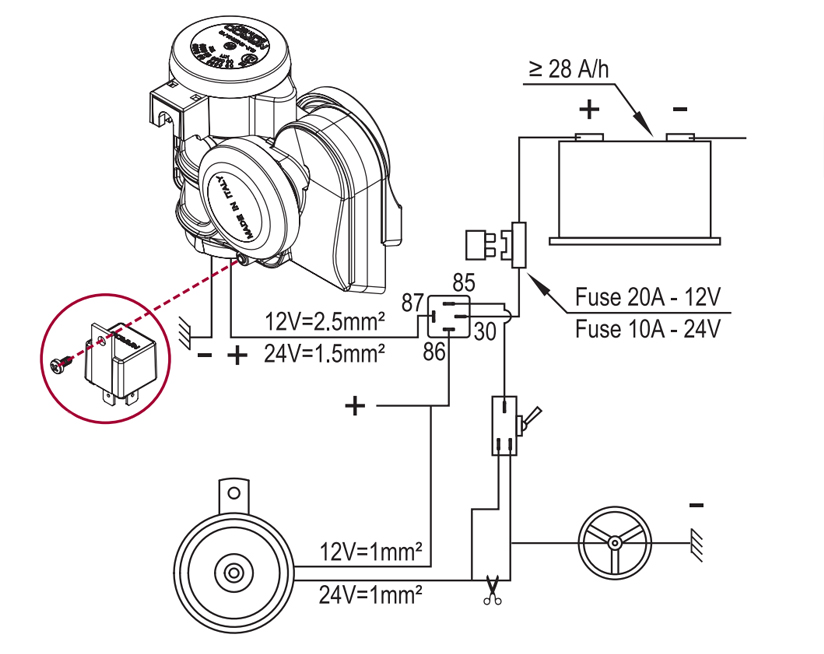 Two tuned sounds electropneumatic horn | 12V | Wiring diagram with ground lead to horn button, Marco 112 030 12, TR2