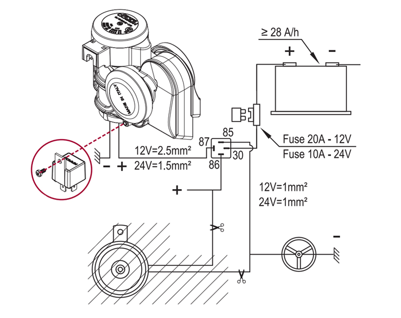 Kompakte zweiton Hupe + integriertem Kompressor | 12V | Schaltplan mit Erdungskabel zum Hupenknopf, Marco 112 030 12, TR2