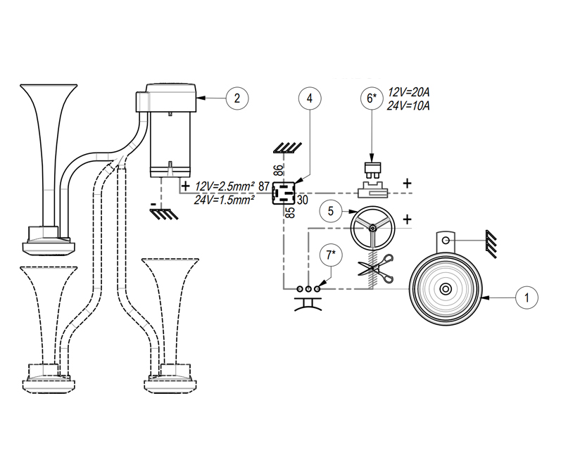 Bocina de aire simple para montaje externo | 12V | Conductor 