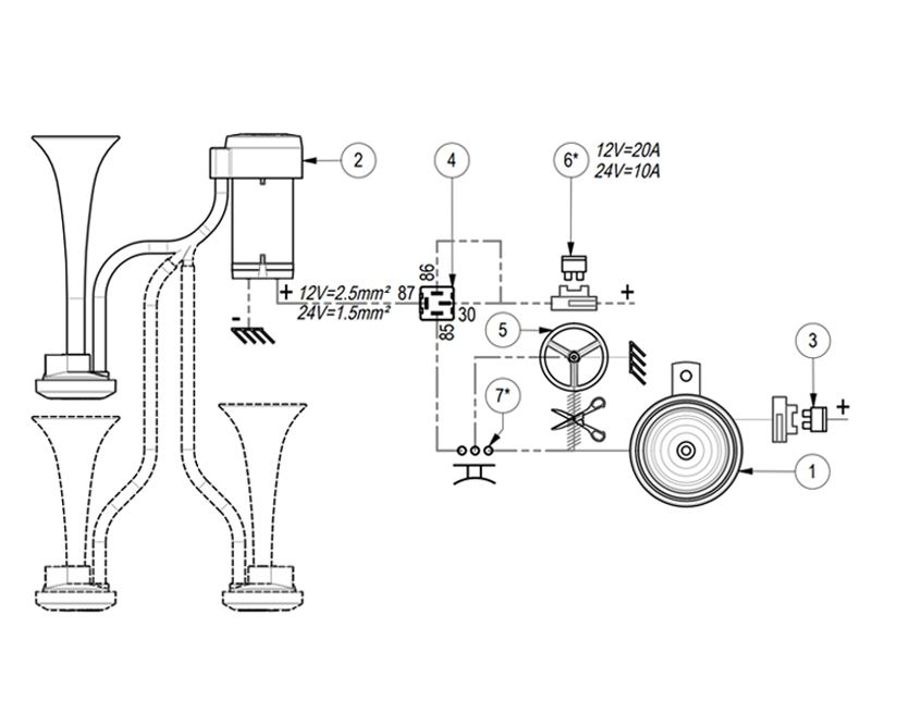 Bocina de aire simple para montaje externo | 12V | Botón de conexión a tierra del claxon, Marco 112 300 12, K1