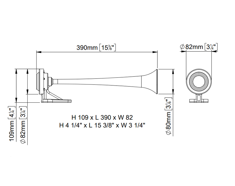 Bocina de aire simple para montaje externo | 12V | Dimensiones, Marco 112 300 12, K1