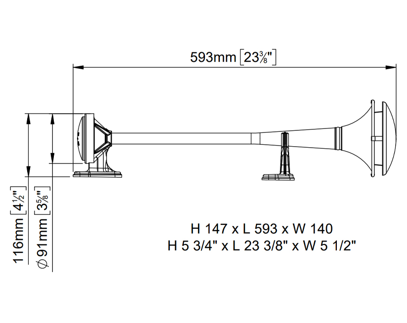 Stainless steel horn with chromed front cover, Dimensions, Marco 110 091 10, MGT/H