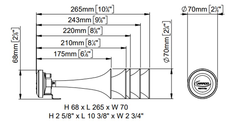 Air horn complete with 5 metal chromed trumpets | 12V | Dimensions, Marco 112 180 12, AA5