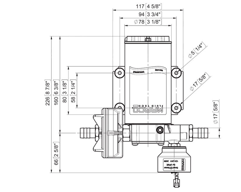 Elektronische Süßwasserpumpe | 12-24V | Marco UP6/E, Dimensionen, Marco 164 622 15, UP6/E