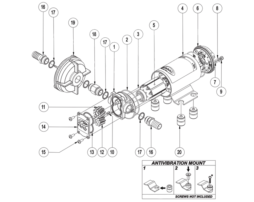 Selbstansaugende Elektropumpe mit PTFE Zahnräder | 12V | Marco UP3-P, Explosionszeichnung, Marco 164 002 12, UP3-P 