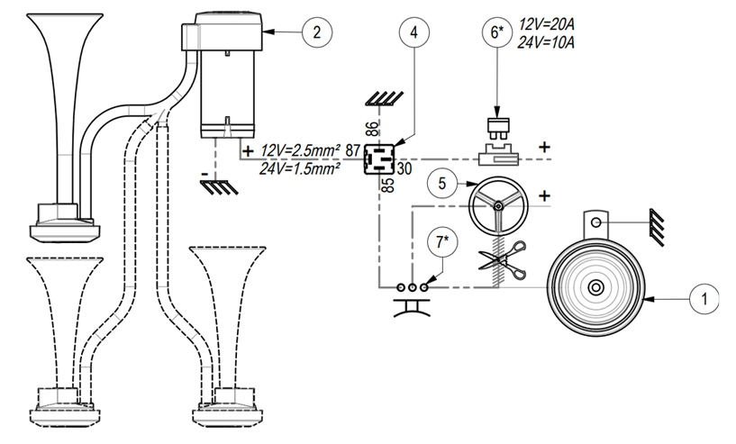 Twin metal chromed horns Air horn | 12V | Diagram “hot” lead to horn, Marco 112 020 12, CL2