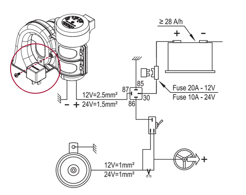 Elektromagnetische Hupe zweipolig | 12V | Schaltplan mit 