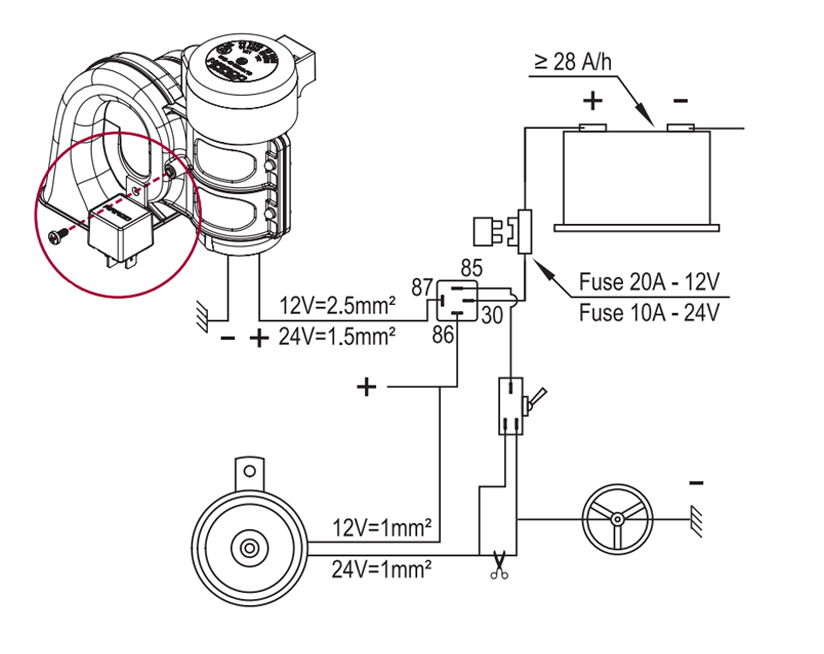 Single sound electropneumatic horn | 12V | Wiring diagram with ground lead to horn button, Marco 112 310 12, HT1