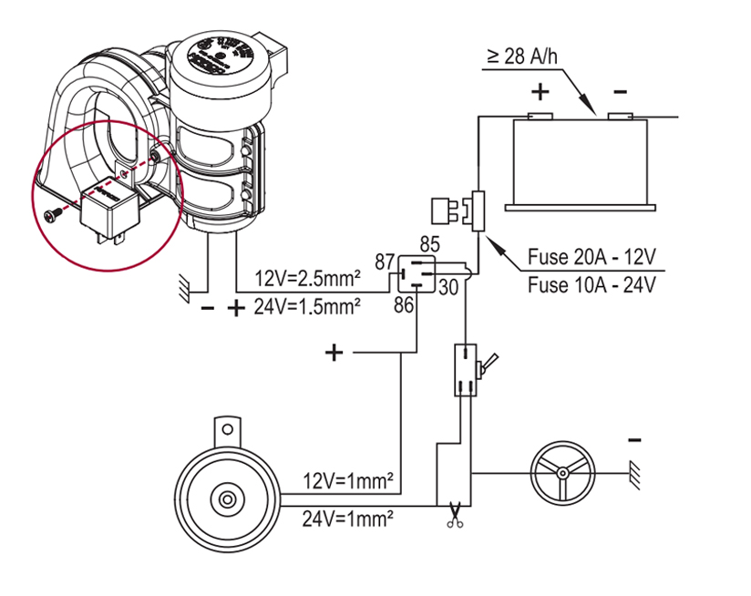 Elektromagnetische Hupe zweipolig | 12V | Schaltplan mit Erdungskabel zum Hupenknopf, Marco 112 310 12, HT1