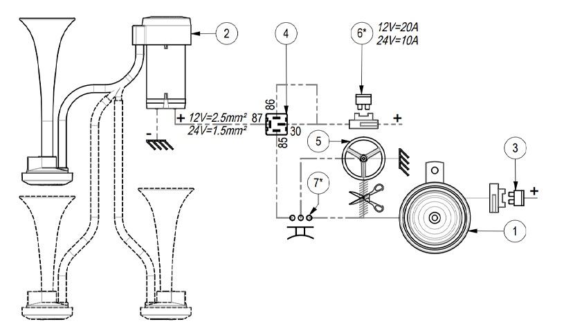 Zweiklang Hupe Metall | 12V | Diagramm Massekabel zum Hupenknopf, Marco 112 020 12, CL2