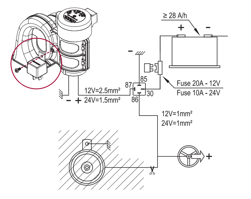 Single sound electropneumatic horn | 12V | Wiring diagram with "hot" lead to horn button, Marco 112 310 12, HT1