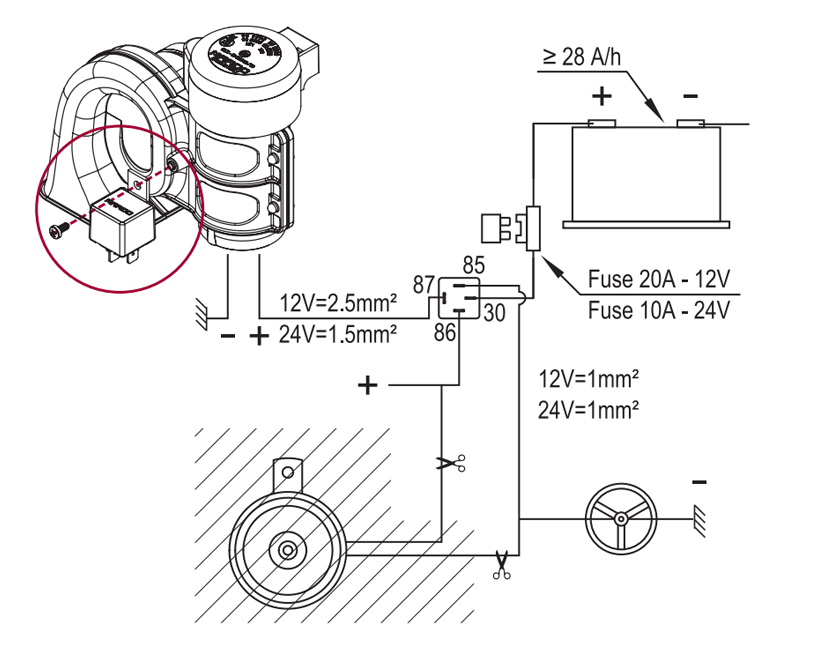 Bocina electroneumática de sonido simple | 12V | Diagrama de cableado con cable de tierra al botón de la bocina, Marco 112 310 12, HT1