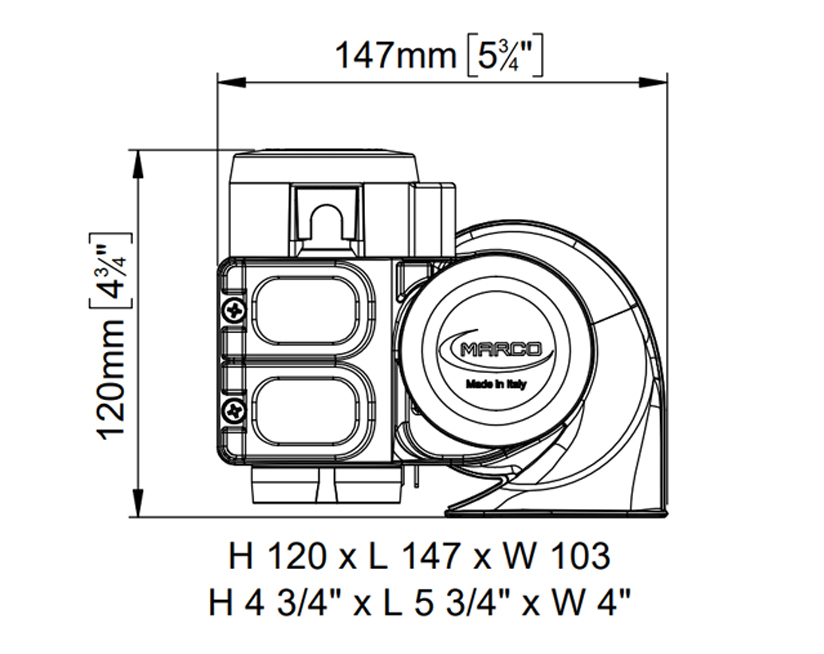 Elektromagnetische Hupe zweipolig | 12V | Dimensionen, Marco 112 310 12, HT1