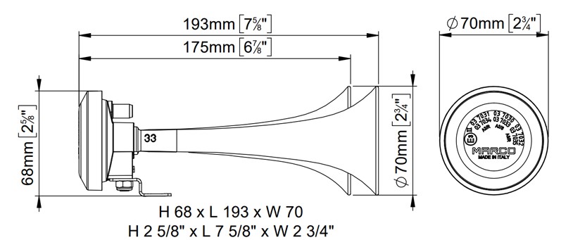 Twin metal chromed horns Air horn | 12V | Dimensions, Marco 112 020 12, CL2