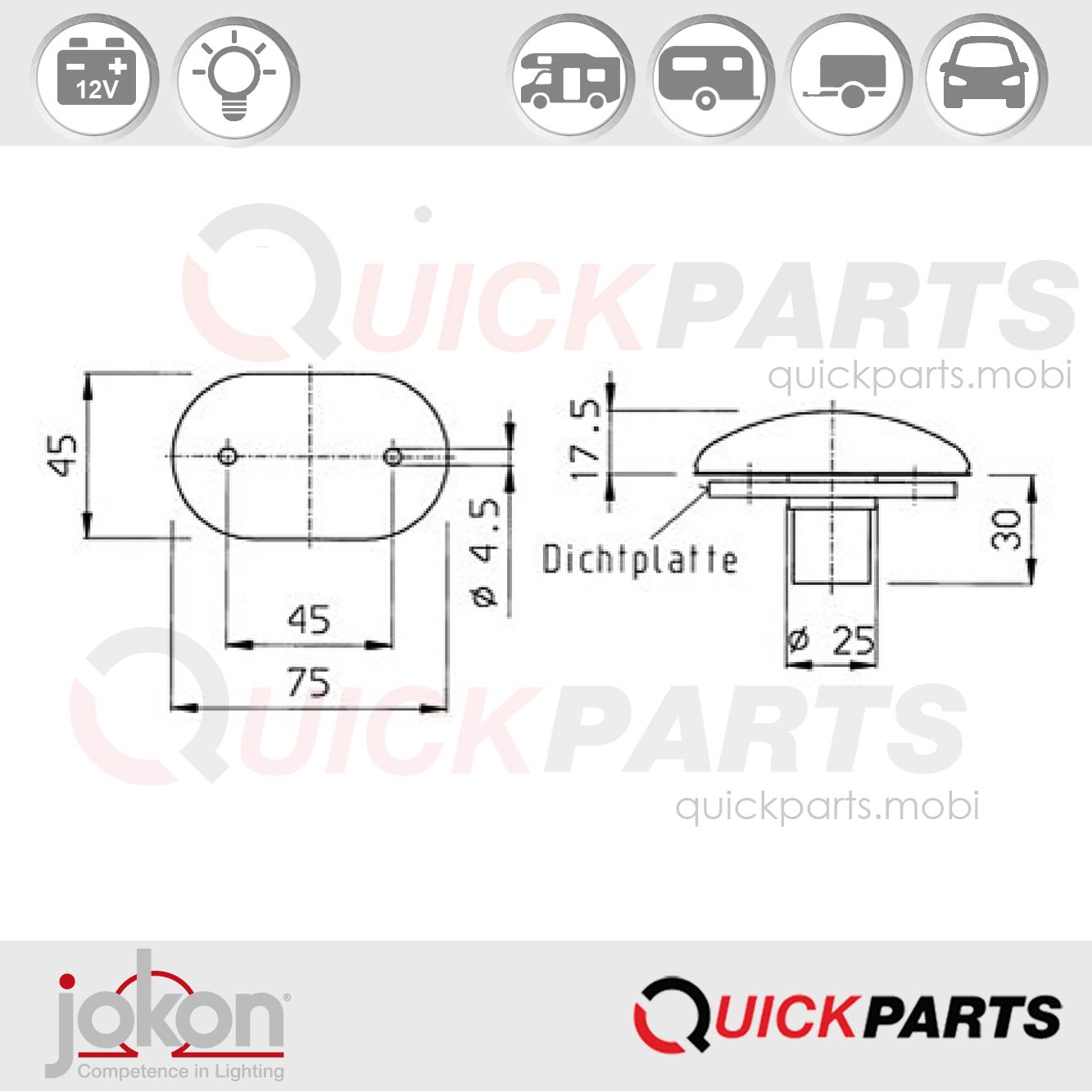 Luz de ancho 12 V Jokon 13.5005.000 | E1-02994, iluminación de alta calidad que realza el diseño individual de su vehículo.