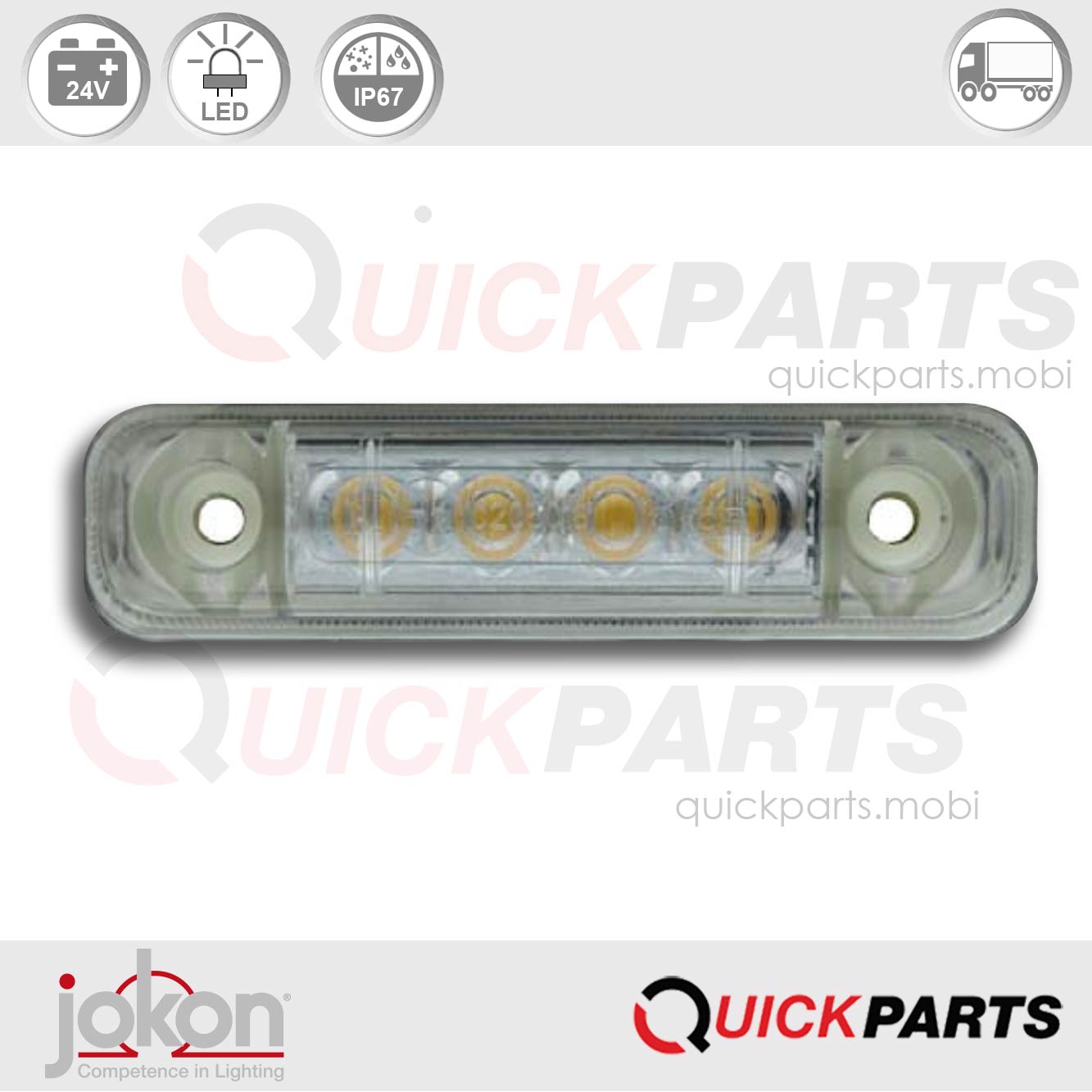 Luz de ancho Jokon 4 LEDs blanca | 24 V | E2-0205018En la gama de JOKON encontrará iluminación de alta calidad para cada tipo de aplicación, que mejora y realza el diseño individual de su vehículo.