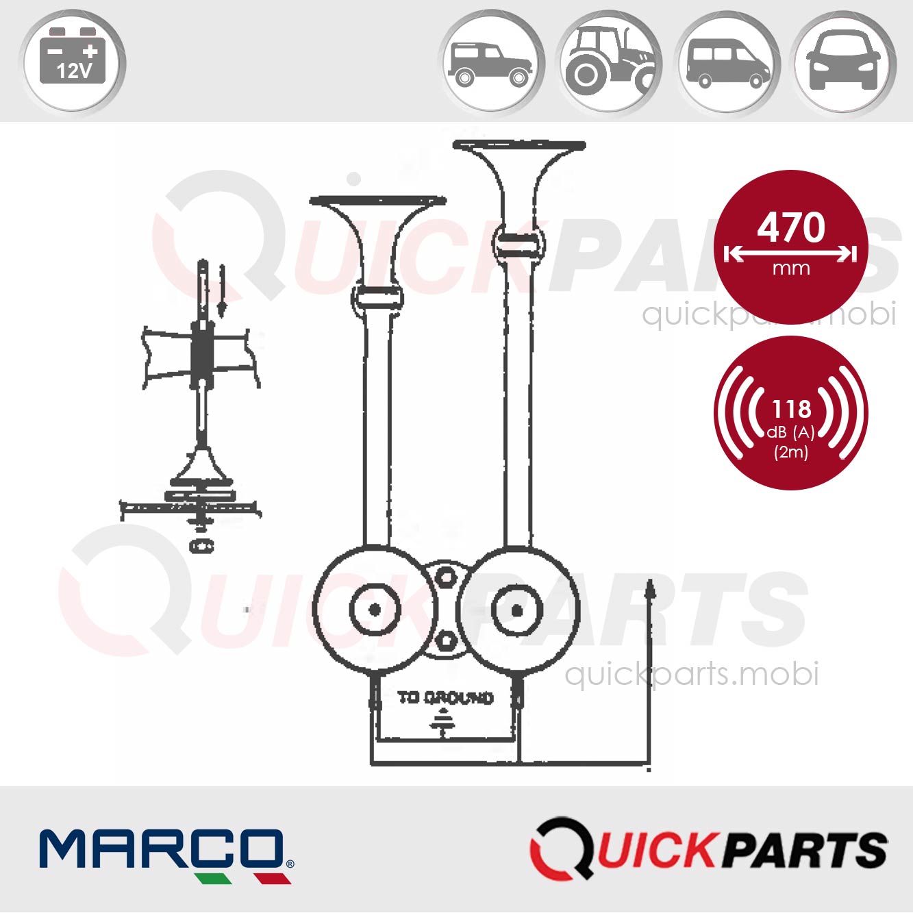 Avertisseur, klaxon en inox électromagéntique | 12v | 118Db – Image 2