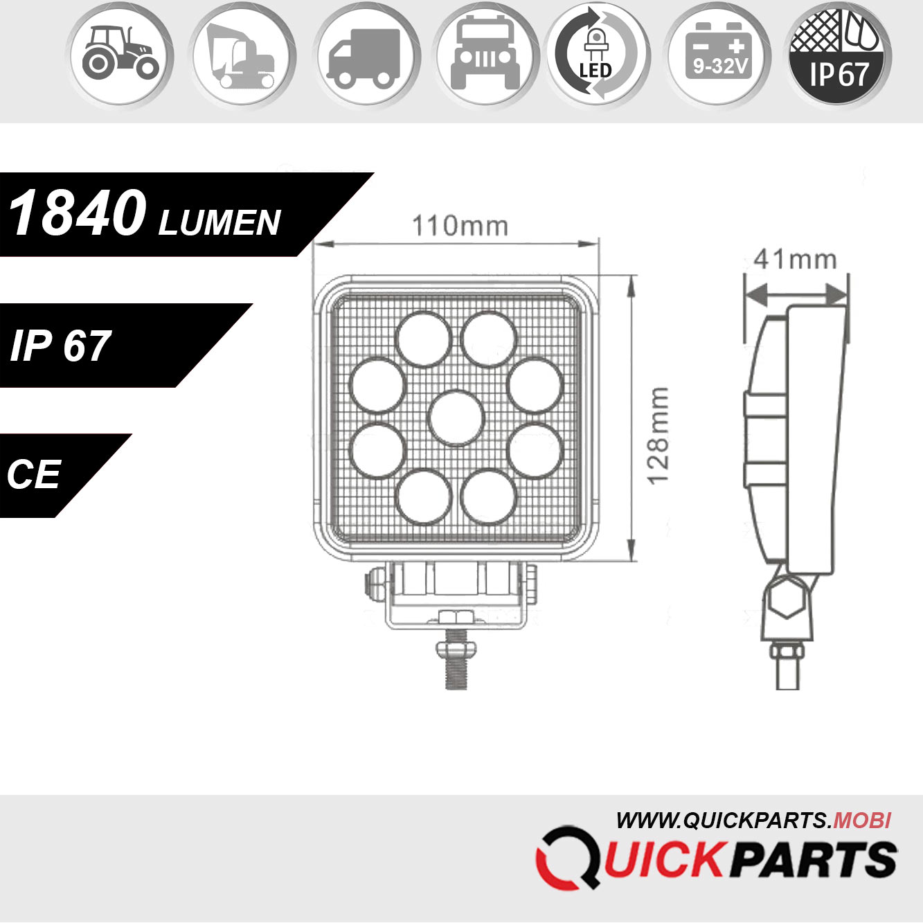 Phare de travail à LED | 9 x 3 LEDs | 1840 Lumen – Image 3