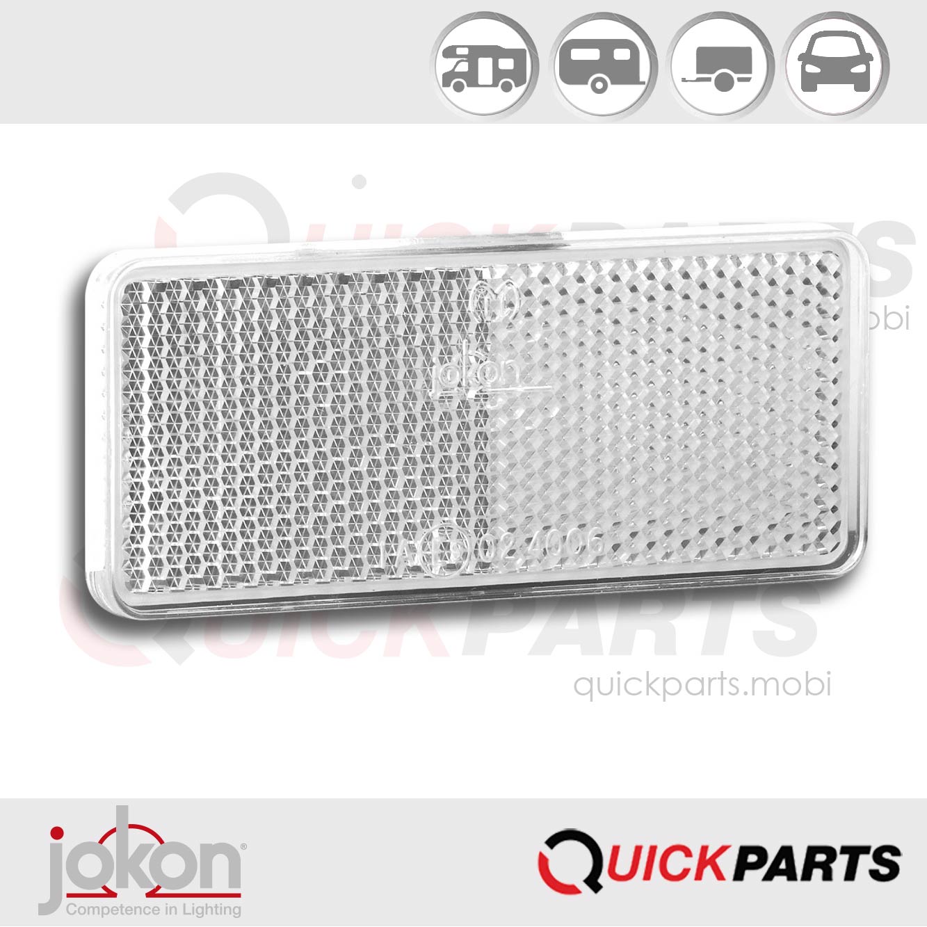 Reflector blanco autoadhesivo | 90 x 8 x 40 mm | Jokon 024006 | Jokon 31.0005.521Reflector Reflex | Cinta adhesiva | Jokon E9-024006En la gama JOKON encontrará iluminación de alta calidad para cualquier aplicación que mejora y enriquece el diseño individual de su vehículo.