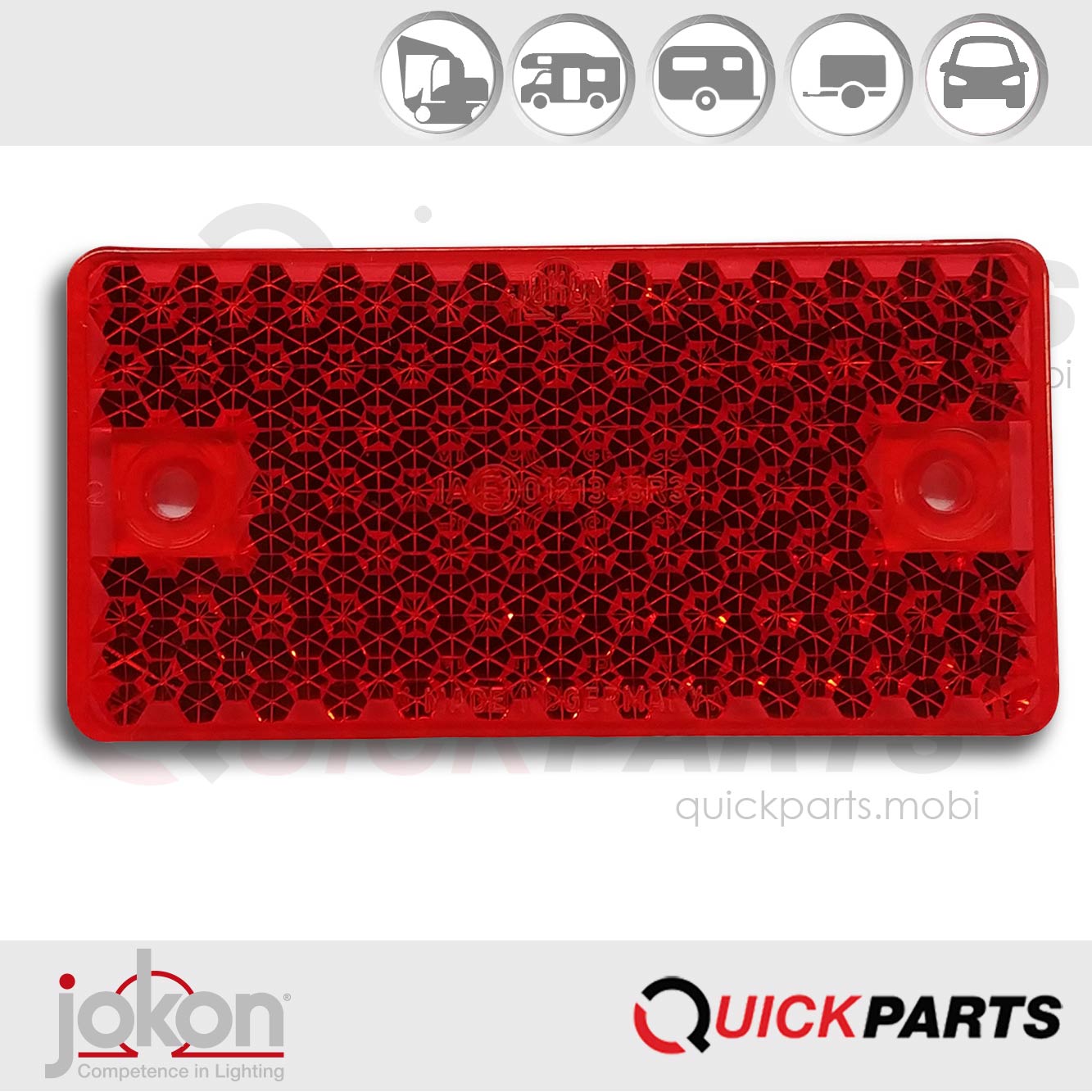 Catadioptre rouge rectangulaire | Fixation 2 vis | Trou de 4.5 mm | Jokon IA E1- 0121345