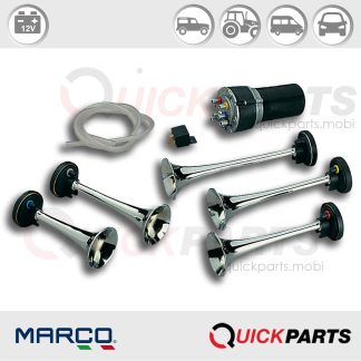 Bocina de aire completa con 5 trompetas metálicas cromadas. Sonido “La Cucaracha”. Incluye compresor eléctrico, tubería y herrajes de fijación, Marco 112 180 12, AA5.   