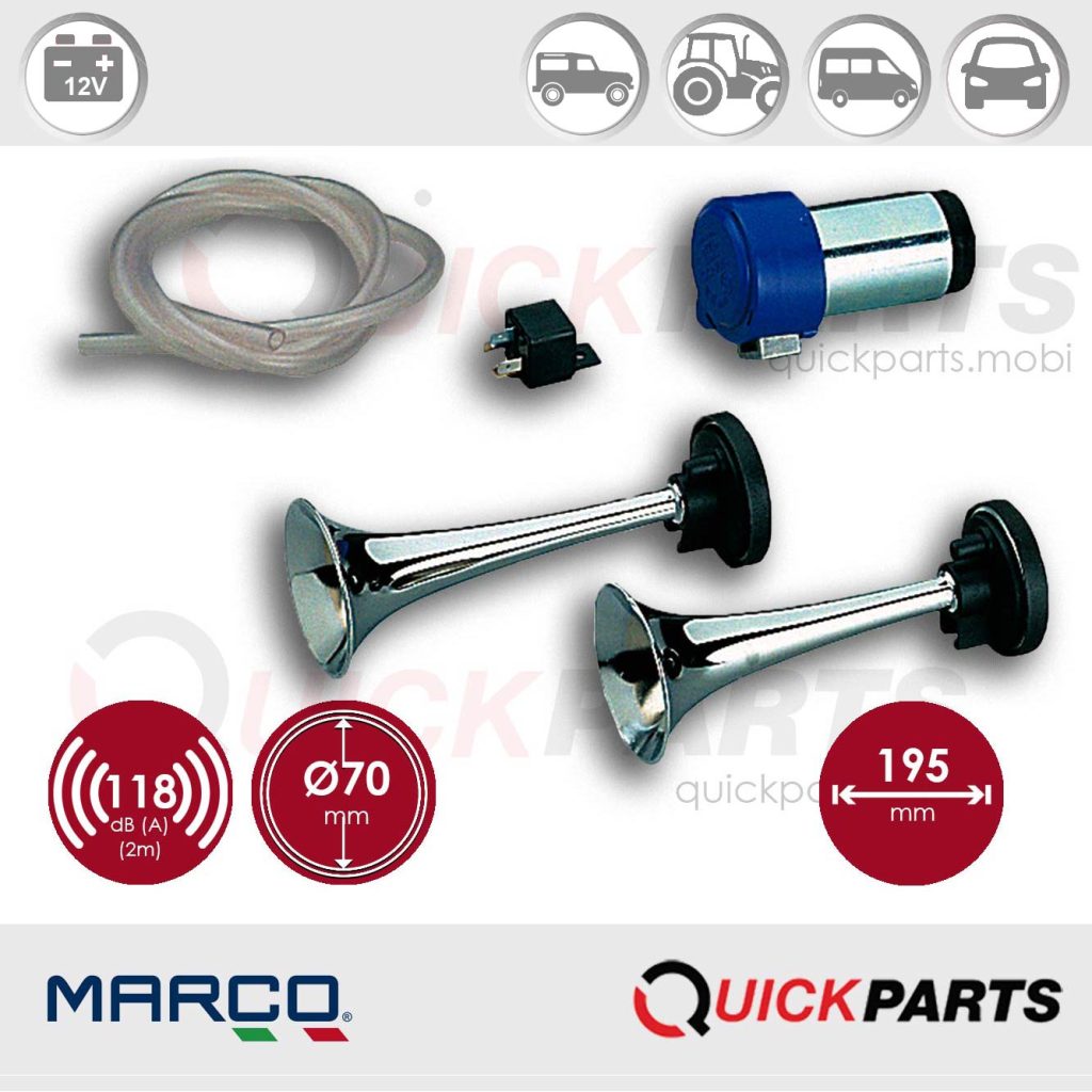 Dos bocinas de aire metálicas cromadas con compresor, sonido combinado | 12V | Marco 112 020 12