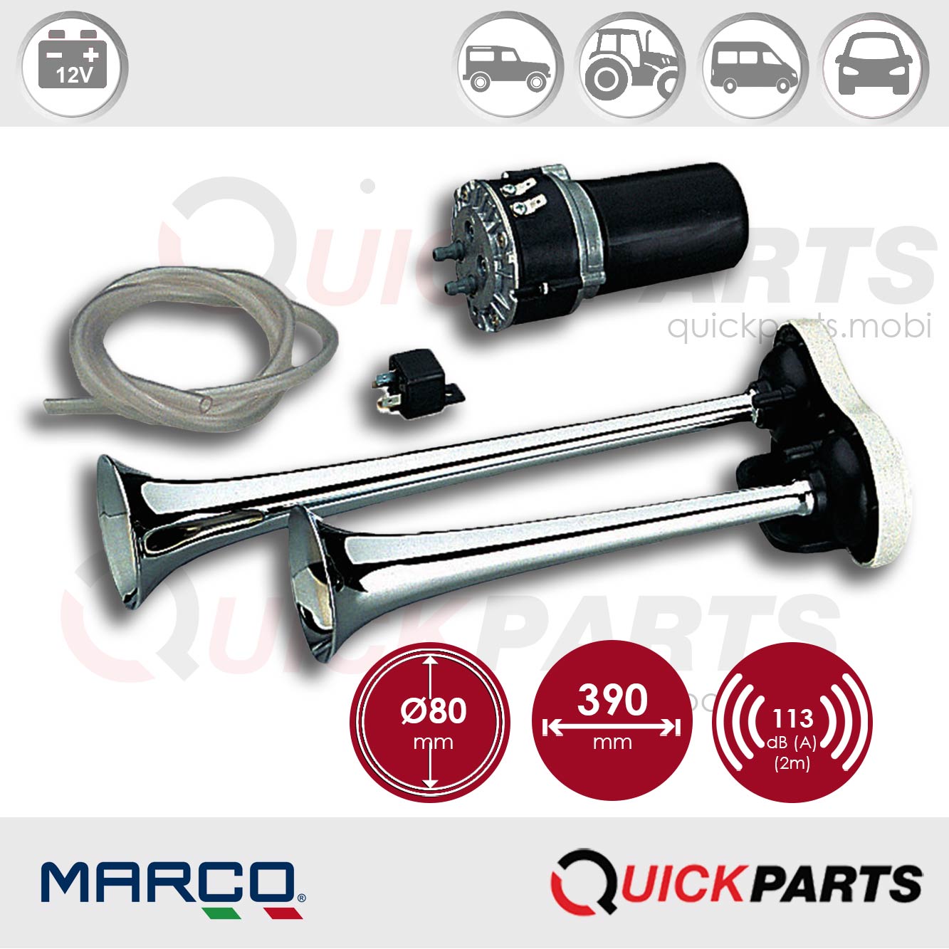 Avertisseur électrique à air 2 cornets | Son alterné.| 12V | Marco 112 340 12