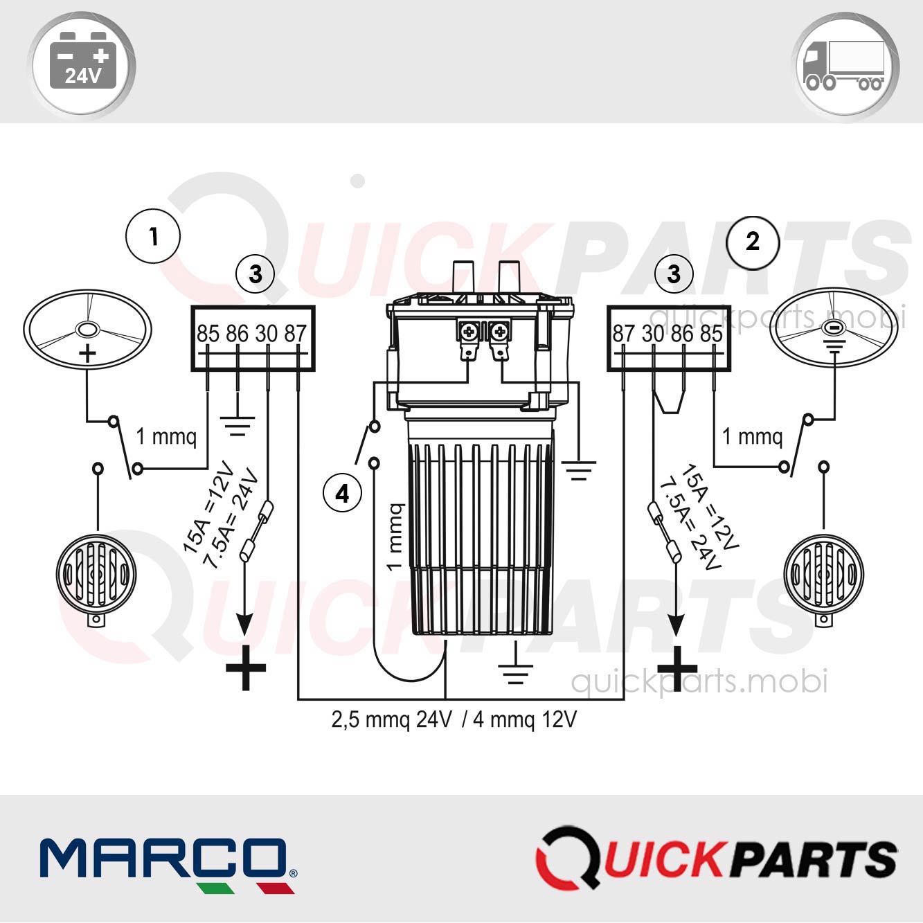 Avertisseur klaxon, électrique à air à deux cornets, son alterné | 24V | Marco 112 340 13, K2 – Image 2