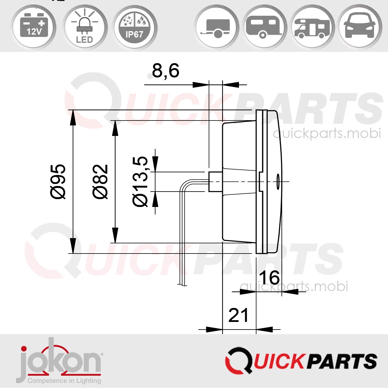 Feu de recul LED |1Jokon 13.6028.000, E2-07048, W 725. Voltage de 12V. – Image 4
