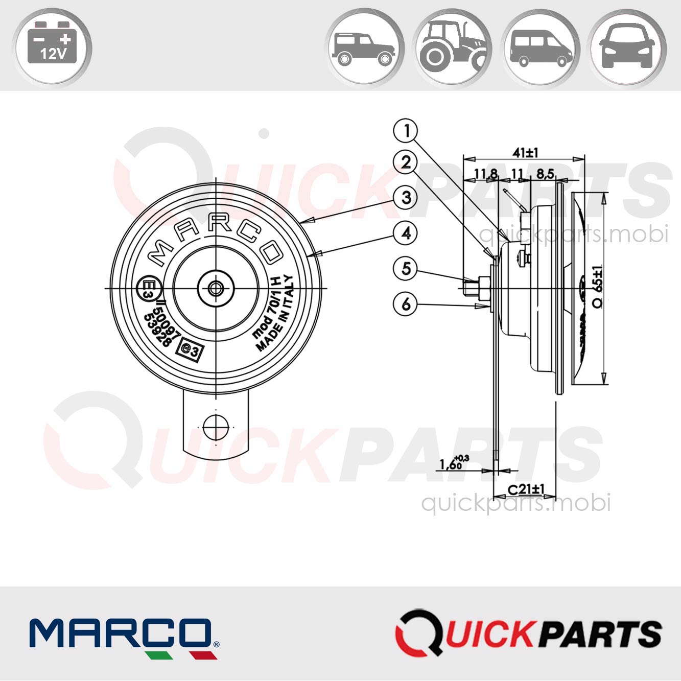 Bocina electromagnética | Ø 70 mm | Marco 102 060 12