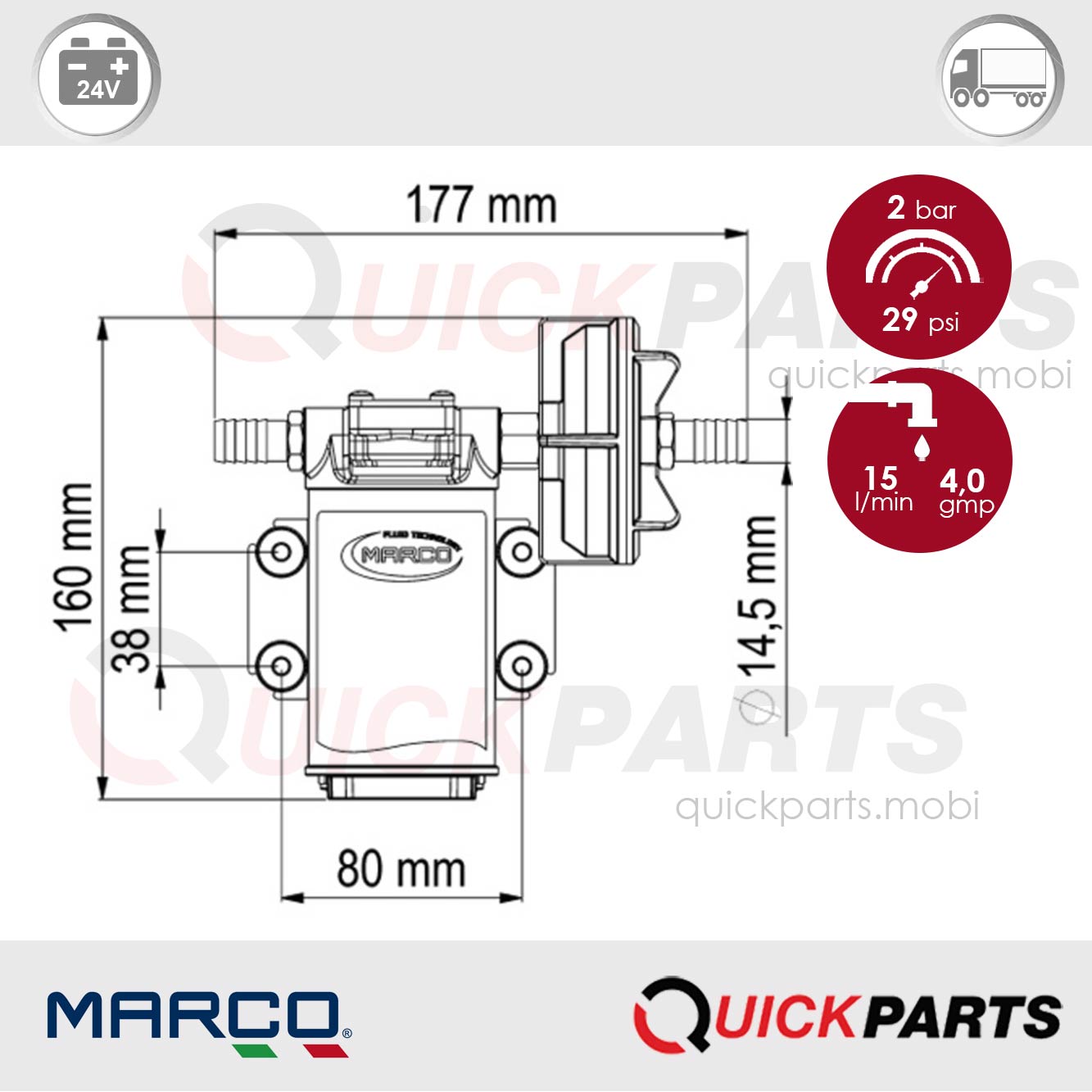 Zahnradpumpe 15 l/min Edelstahl für verschiedene Flüssigkeiten | 24V | Marco 164 040 13 – Bild 2