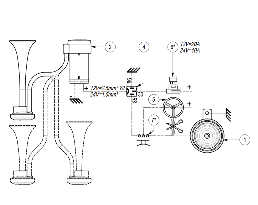 Klaxon, avertisseur électrique à air à deux cornets avec son unis | 24V | Marco 112 020 13, CL2 – Image 6